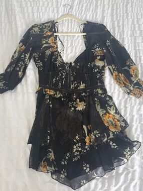ASOS Black Floral Layered Mini Dress with Mustard Accents